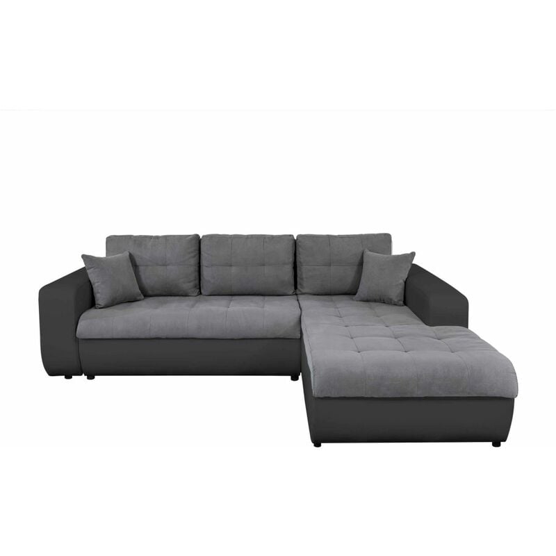 Canapé d'angle SUZIE Convertible en Simili et Microfibre - Angle Droit, Gris et Noir
