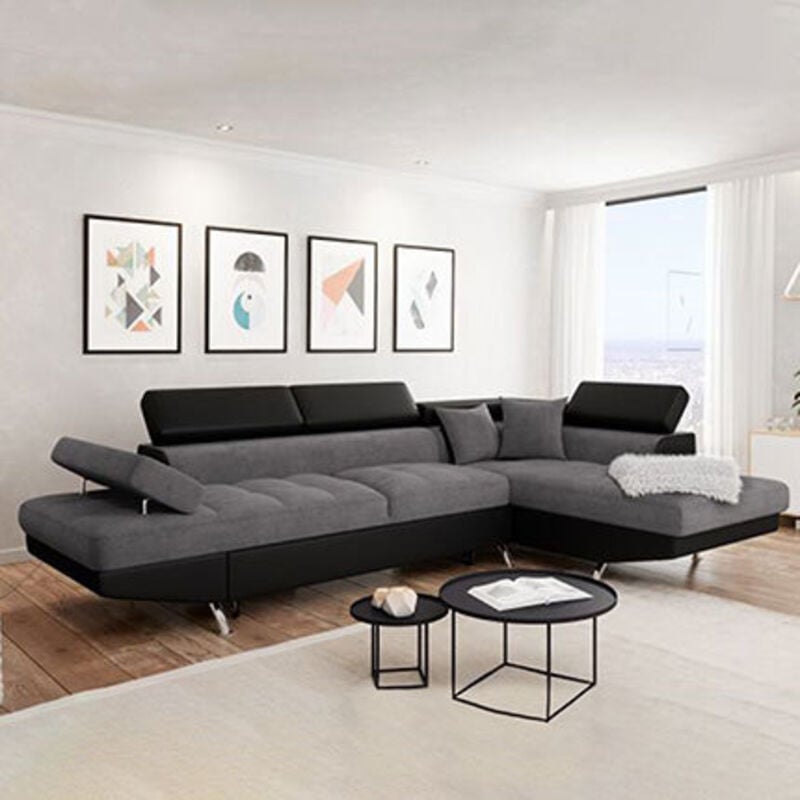 Usinestreet - Canapé d'angle rio Convertible avec coffre en microfibre et simili - Angle Droit, Gris et Noir