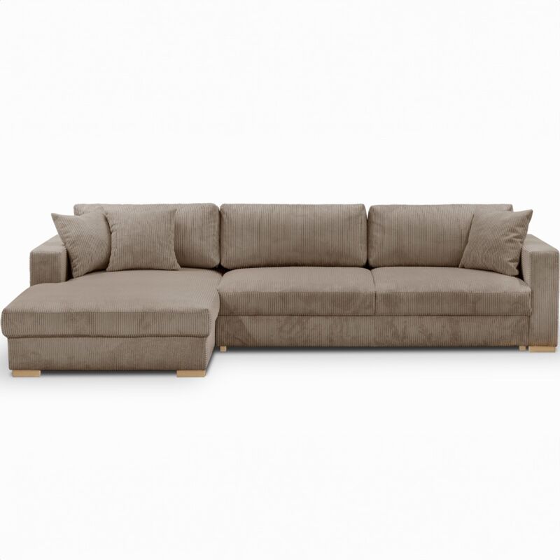 Homifab - Canapé d'angle à gauche convertible 5 places en velours côtelé taupe - Robin
