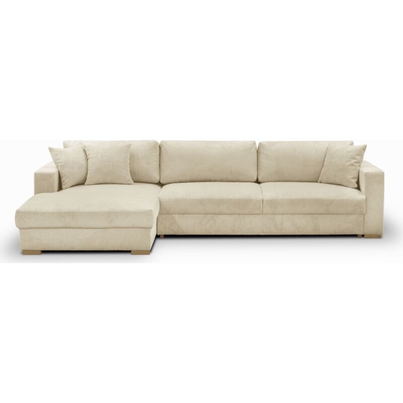 Canapé d'angle à gauche convertible 5 places en velours côtelé beige avec coffre de rangement - Robin - Beige