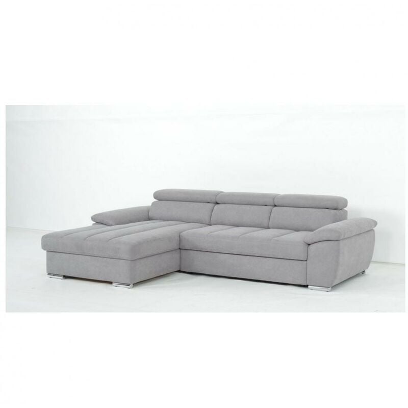 Canapé d'angle gauche convertible avec méridienne coffre KID tissu gris clair - gris