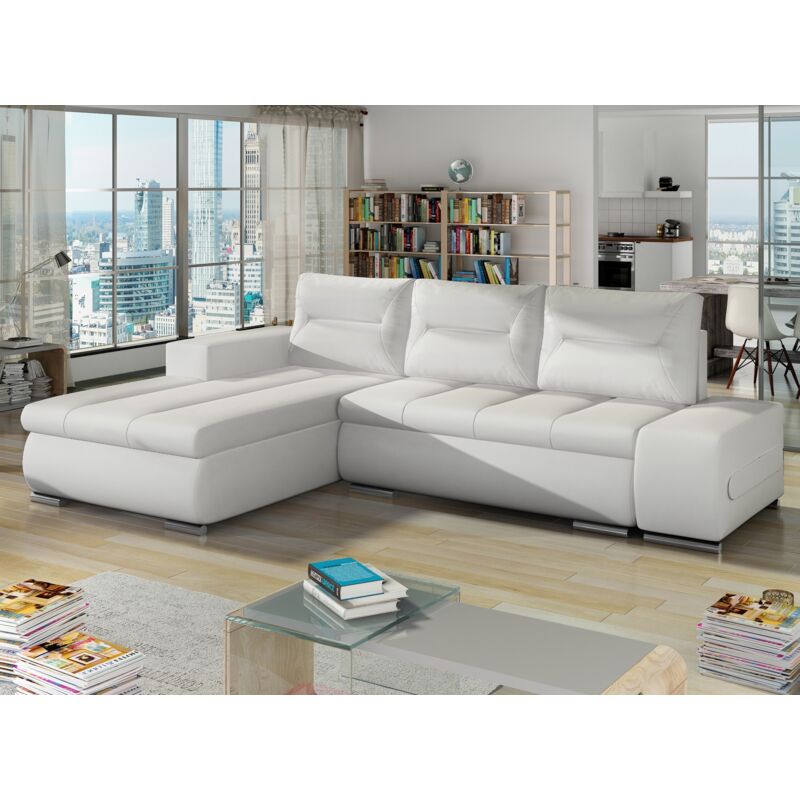 Les Tendances - Canapé d'angle gauche convertible simili cuir blanc Waker 275cm