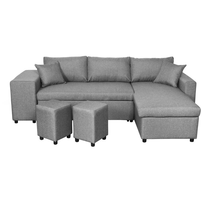 Canapé d'angle réversible oslo avec coffre et poufs gauche - Tissu gris clair