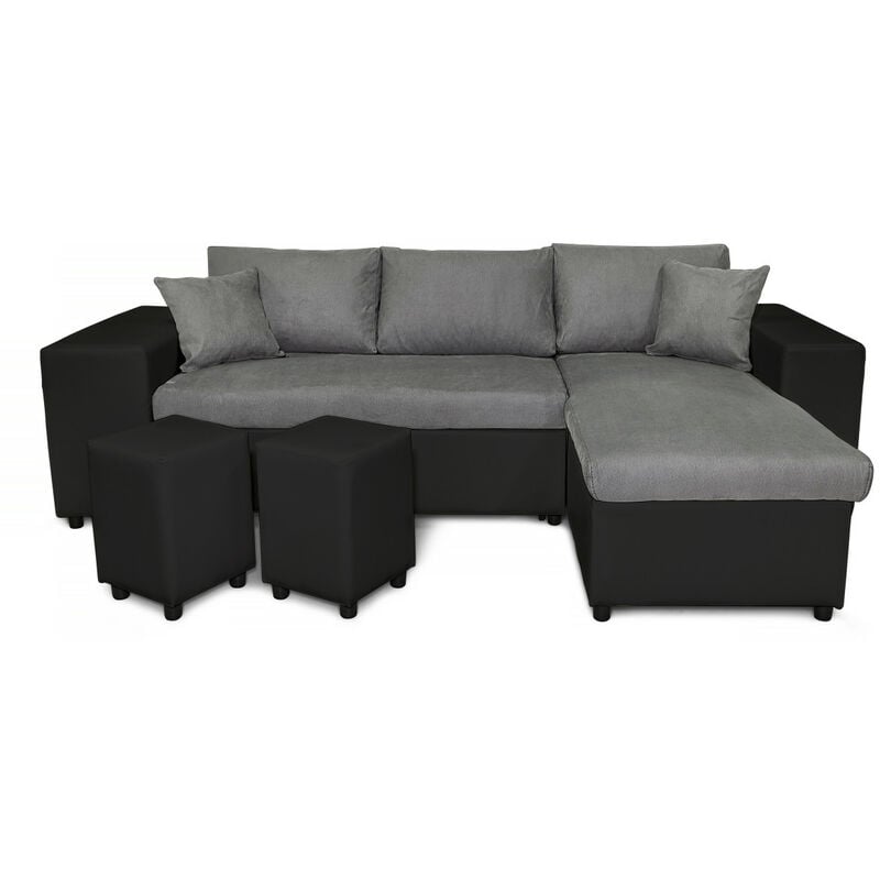 Canapé d'angle réversible mady avec coffre, accoudoir étagère et poufs gauche en bi-matière