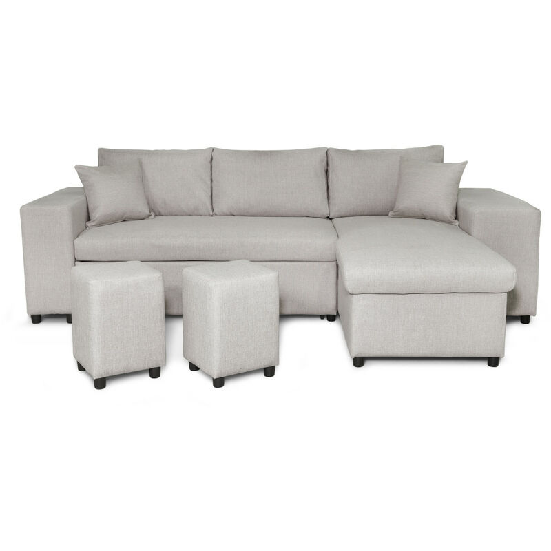 Canapé d'angle réversible mady avec coffre, accoudoir étagère et poufs gauche en tissu beige