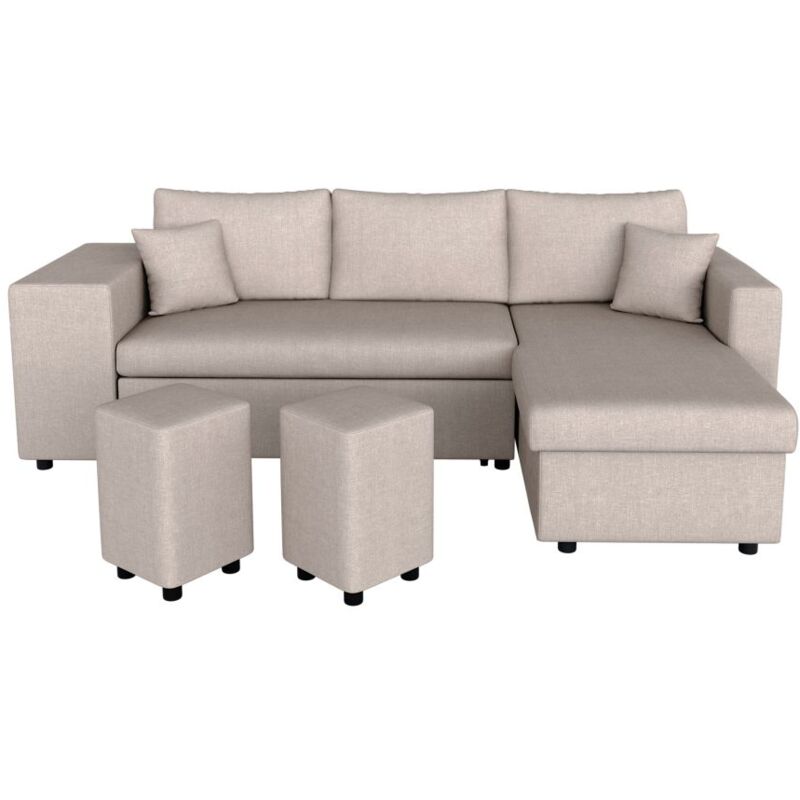 Canapé d'angle réversible oslo avec coffre et poufs gauche en tissu beige