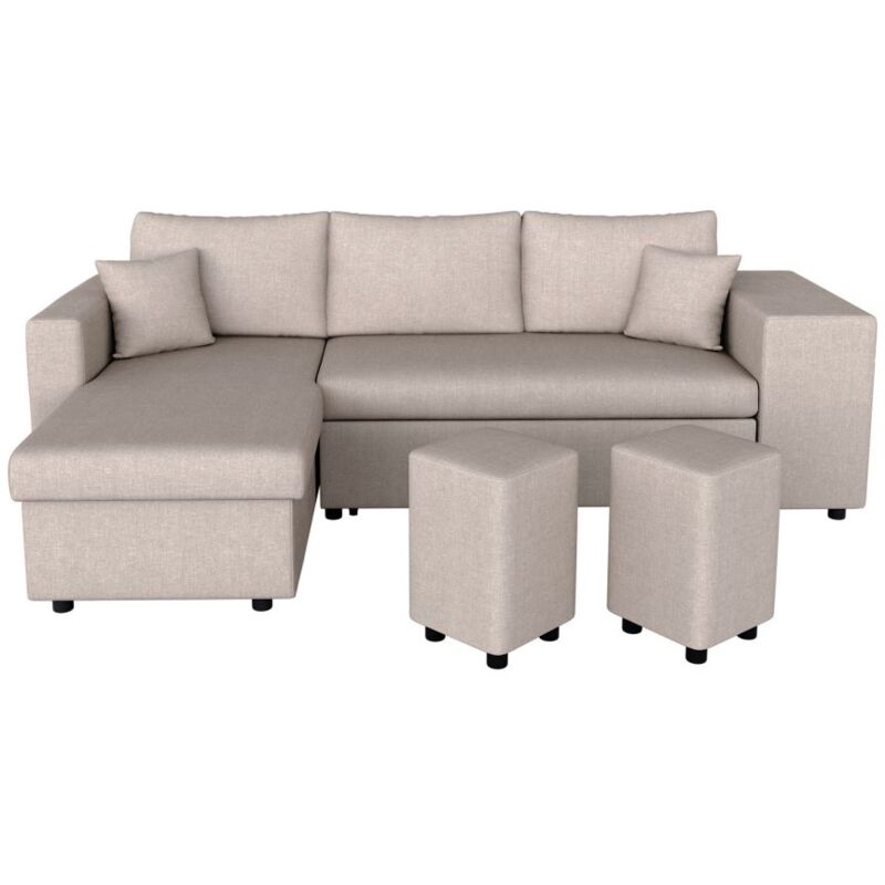 Canapé d'angle réversible oslo avec coffre et poufs droit en tissu beige