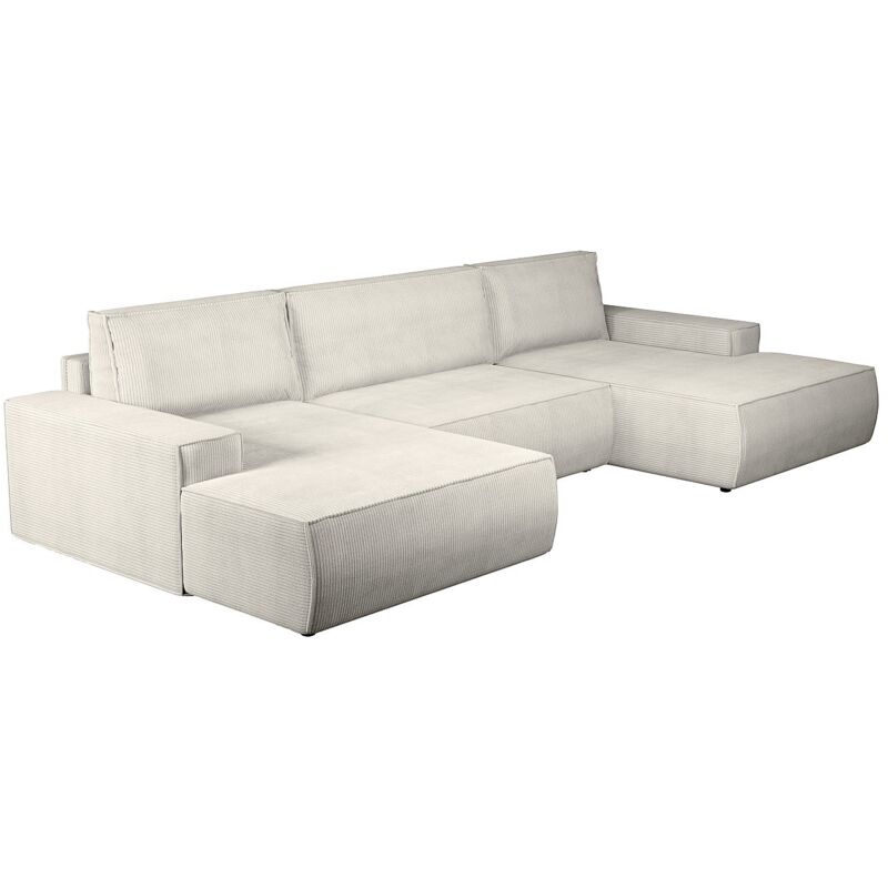 Vente-unique - Grand canapé d'angle panoramique convertible en velours côtelé beige amelia