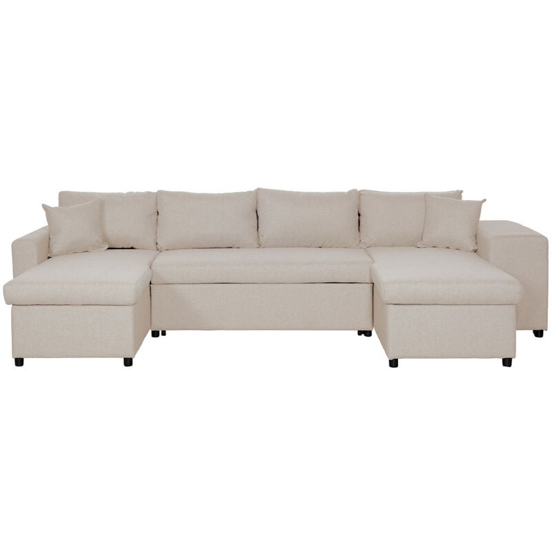 Canapé d'angle panoramique OSLO convertible avec coffres et poufs à droite en tissu - Beige