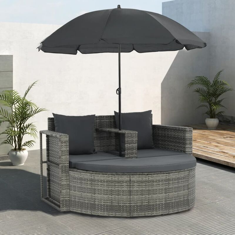 Canapé de jardin 2 places avec coussins et parasol Gris - Gris