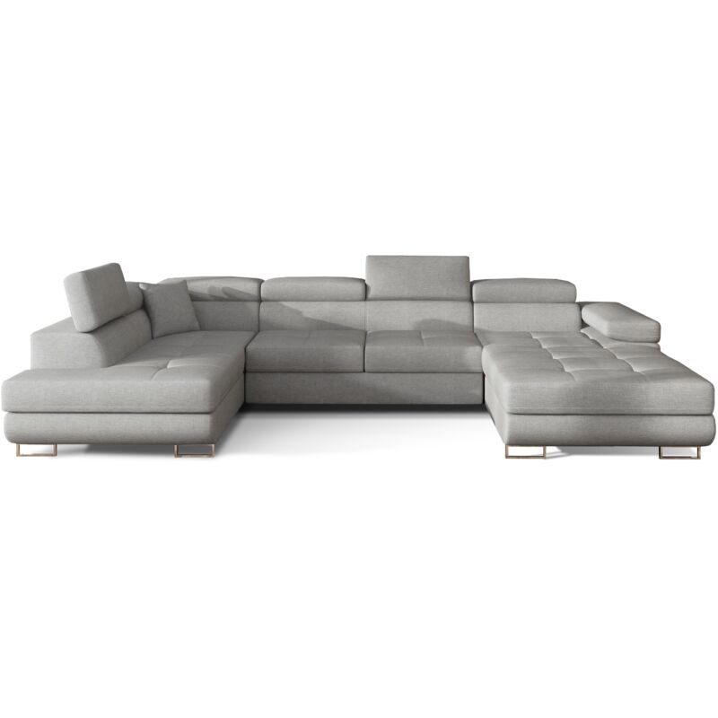 Les Tendances - Canapé design panoramique u convertible gauche tissu gris souris avec coffre de rangement Romano