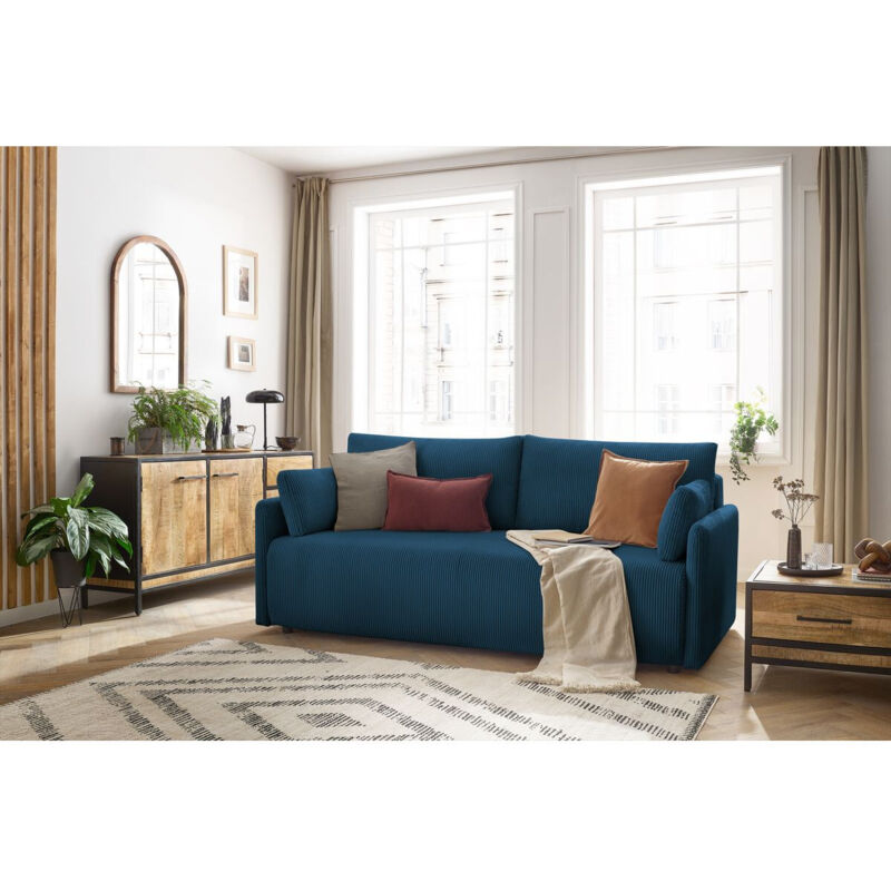 Canapé droit convertible coffre marcel velours côtelé Bleu foncé - Bobochic