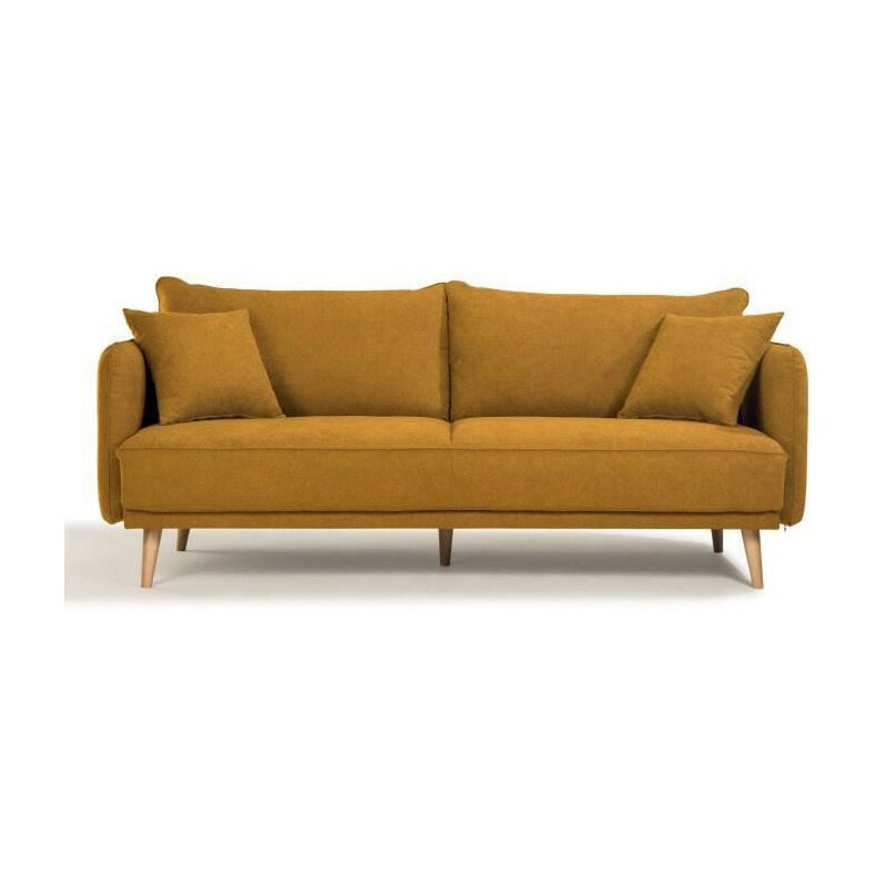 Canapé fixe 3 places DAREN - Tissu moutarde - L 207 x P 90 x H 88 cm - Fabriqué en France - HEXAGONE