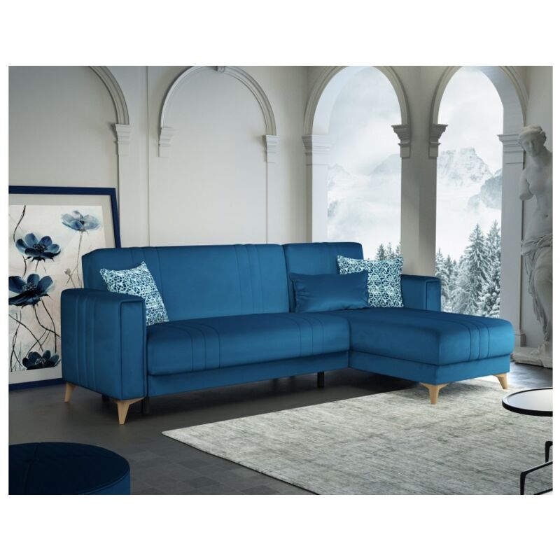 Canapé-lit d'angle 225x151 cm Stoccarda bleu marine avec coffre de rangement et pieds couleur crème | Bleu