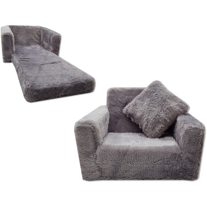 Canapé-lit enfant et lit d'appoint en un - 100cm x 36cm x 25cm - peluche grise