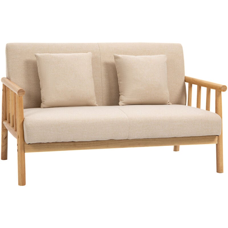 Homcom - Canapé lounge 2 places - 2 coussins inclus - assise profonde - accoudoirs - structure bois hévéa - aspect lin beige