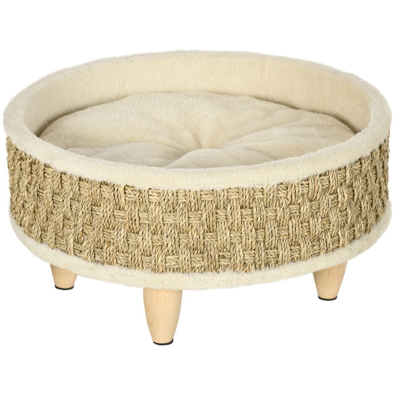 Canapé panier lit chien chat style cosy naturel - coussin inclus - dim. ø 48 x 24,5H cm - bois pin jonc de mer