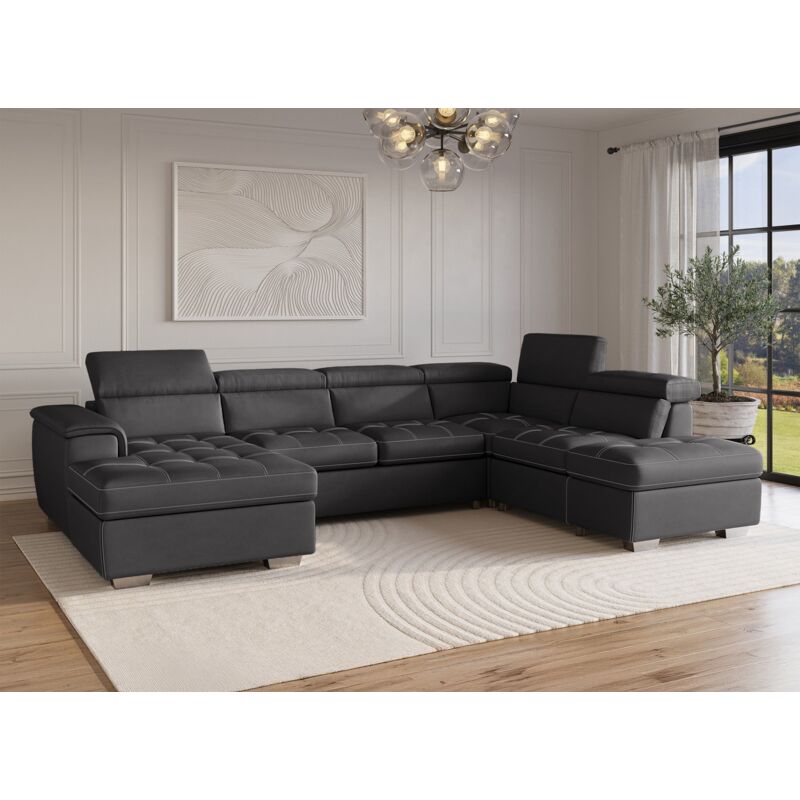 OLIVER - Canapé convertible et panoramique avec coffre de rangement en tissu gris OLIVER - Angle Gauche