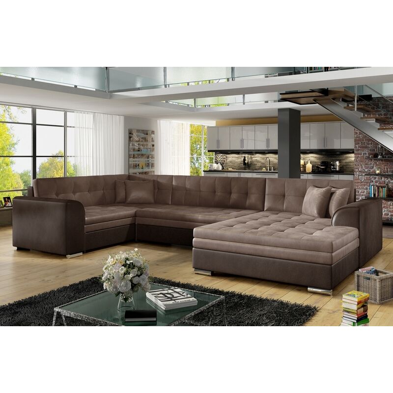 Venesetti - Canapé panoramique convertible - damien velours - en tissu marron clair marron foncé de qualité, 7 places, méridienne à droite et angle à