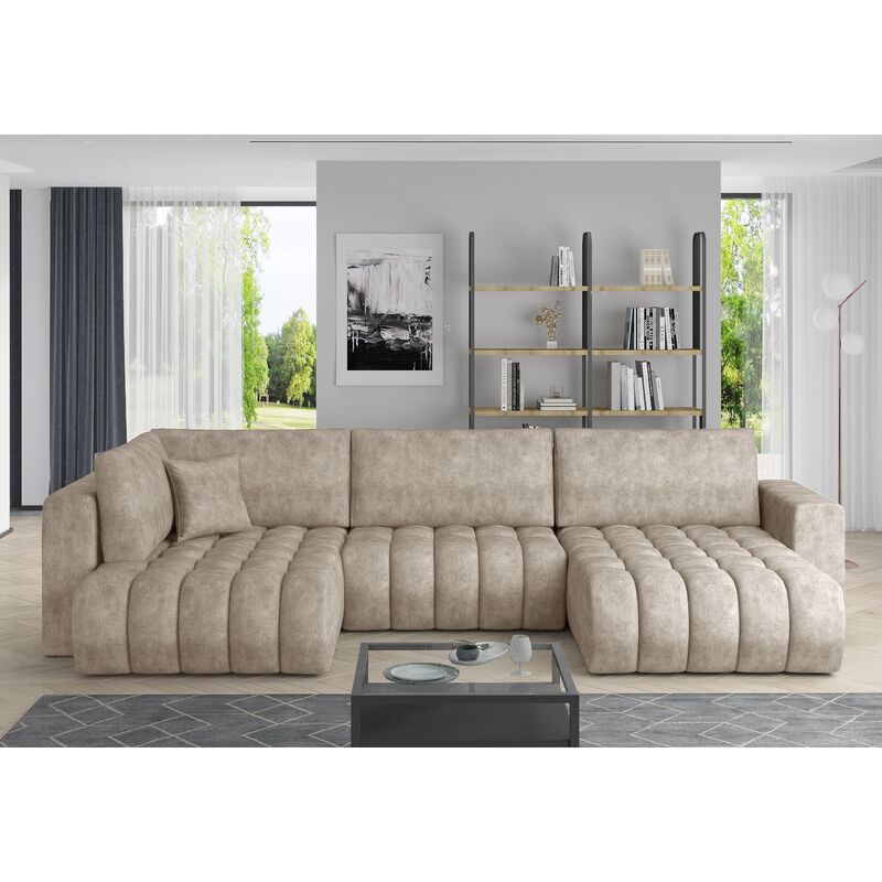 Canapé panoramique convertible design capitonné tissu effet cuir beige clair méridienne droite Boston 350cm