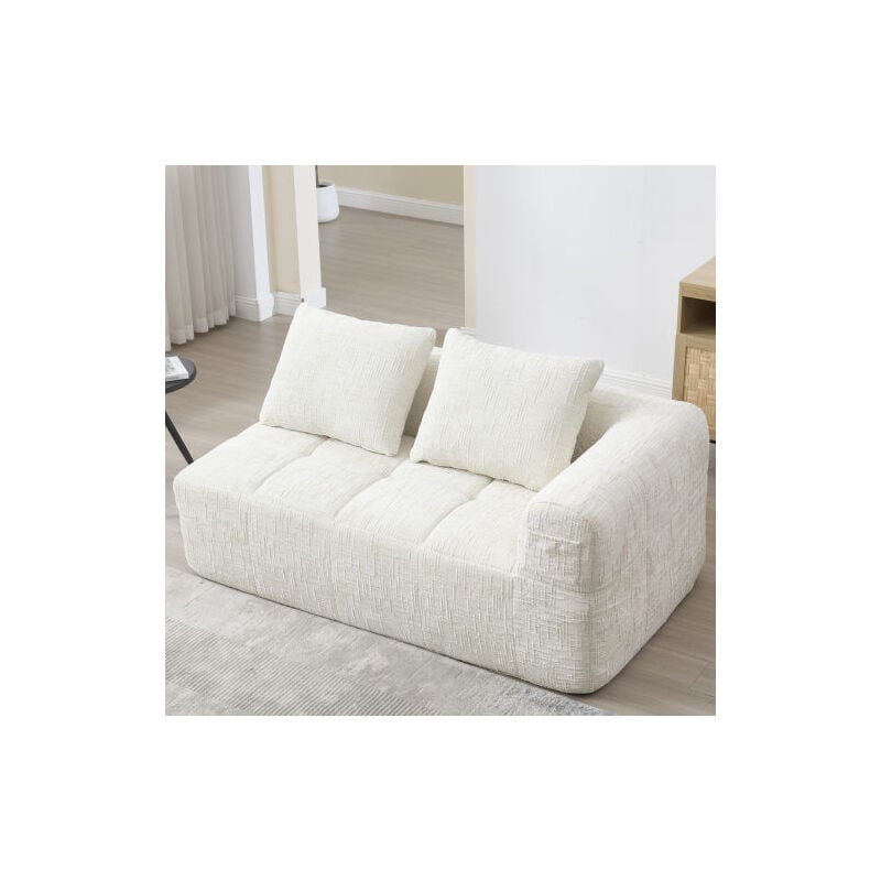 Wishdor - Canapé 2 place, canapé droit rembourré avec poches pour accoudoirs, sans assemblage, tissu chenille, beige