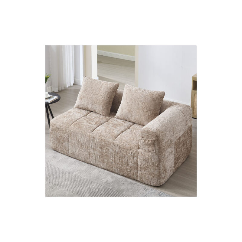 Wishdor - Canapé 2 place, canapé droit rembourré avec poches pour accoudoirs, sans assemblage, tissu chenille, kaki