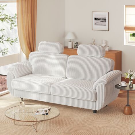 Canapé 2-3 Places en Velours côtelé Blanc,190×81×100CM,tétières reglables amovibles ,10% agrandissement profondeur,pieds en bois