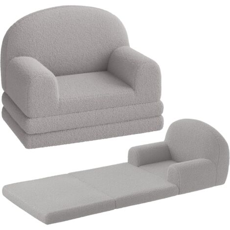 Canapé 2 en 1 convertible pour enfants, Fauteuil et lit pliable en peluche ours douce, chambre, salle de jeux, Gris