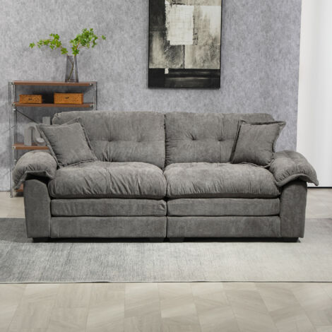Canapé 2 places 214x89x93 cm assise profonde coussins double couche mousse à mémoire + ressorts ensachés chenille grise