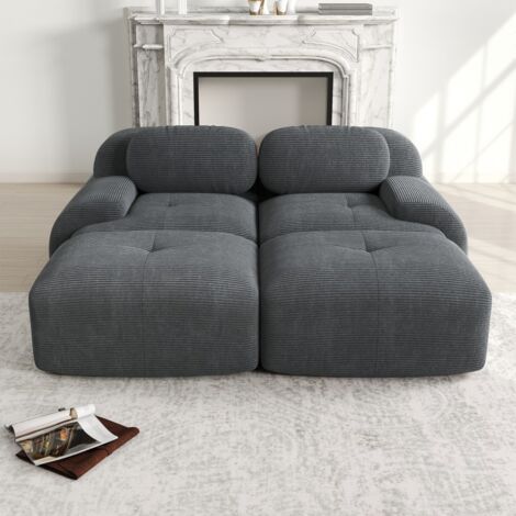 Canapé 2 Places avec 2 Méridienne - Modulable - Pieds Antidérapants - Design Ergonomique et Confortable - en Velours Côtelé Gris