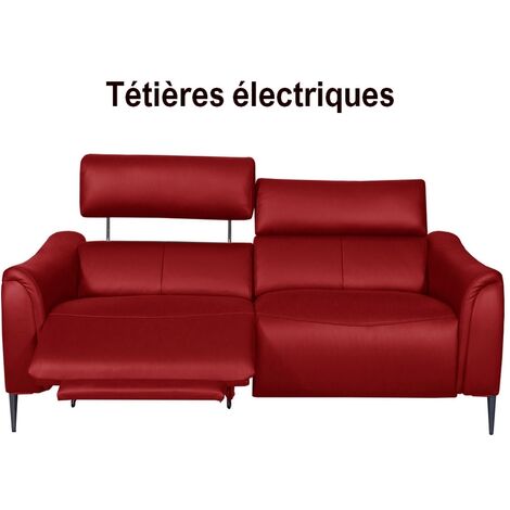 Canapé 2 places avec 2 relax en 100% tout cuir épais de luxe italien avec 2 relax électriques et 2 têtières électriques, MILAN, rouge foncé