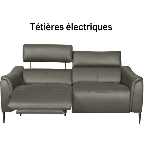 Canapé 2 places avec 2 relax en 100% tout cuir épais de luxe italien avec 2 relax électriques et 2 têtières électriques, MILAN, taupe
