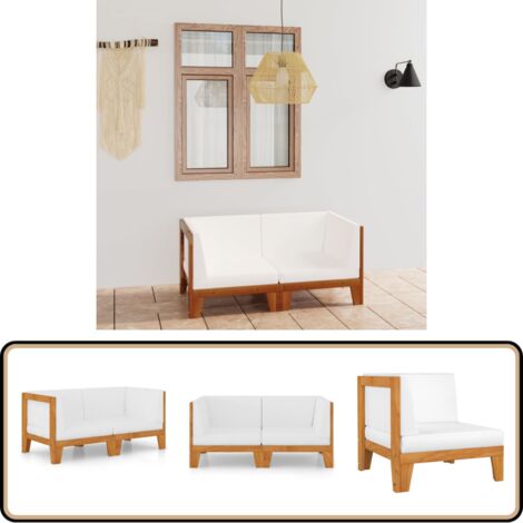 Canapé 2 places avec coussins blanc crème Bois d'acacia massif - Canapé Jardin - Mobilier De Jardin - Salon De Jardin - Acacia Massif - Canapé Deux Places