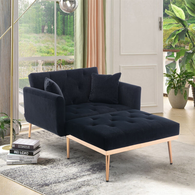 Canapé 2 places avec dossier réglable 3 positions, 2 coussins, canapé de relaxation pour salon/chambre, velours, noir