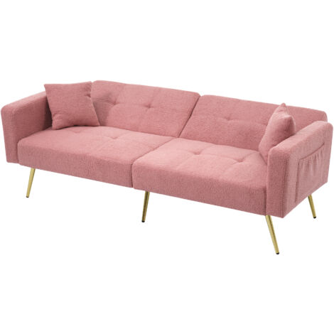 Canapé 2 places avec fonction lit, angle réglable, pieds dorés, avec coussins et poches de rangement latérales, 175x64x72 cm, rose