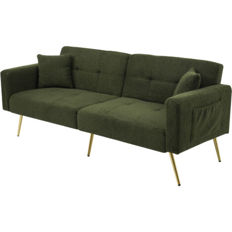 Canapé 2 places avec fonction lit, angle réglable, pieds dorés, avec coussins et poches de rangement latérales, 175x64x72 cm, vert