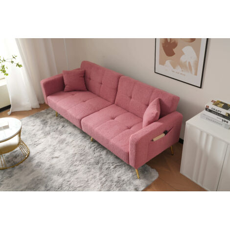 Canapé 2 places, avec fonction lit avec fonction lit, pieds dorés avec oreillers et poches latérales, 175x64x72cm, en Sherpa rose