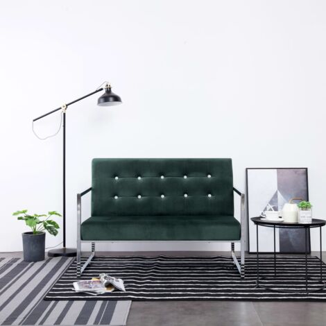 Canapé 2 places, Banquette Sofa de Salon, Canapé droit avec accoudoirs Vert foncé Chrome et velours DESIGN IN