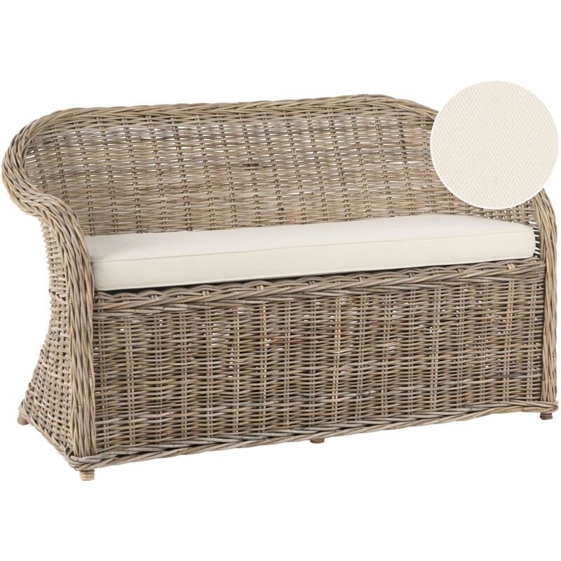 Banc Intérieur Extérieur Boho en Rotin Tressé 141 cm Coussins Blanc Cassé Naturel Susua