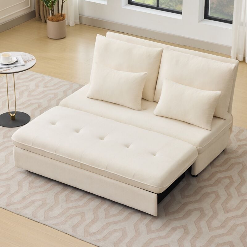 Tanant - Canapé 2 places, canapé convertible, avec coffre de rangement coulissant, coussins rembourrés, tissu chenille, design moderne - Beige