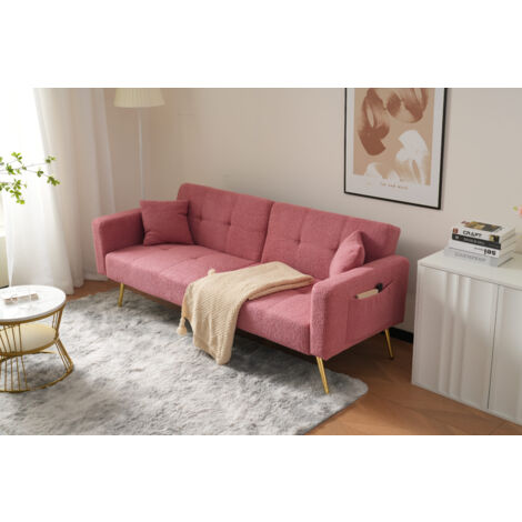 Canapé 2 places, canapé droit rembourré rose avec dossier réglable, tissu en laine d'agneau, avec coussins et poches de rangement latérales