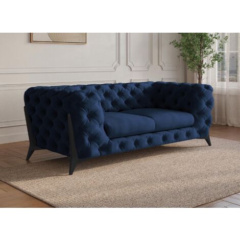 Canapé 2 places capitonné chesterfield velours bleu CARMEN