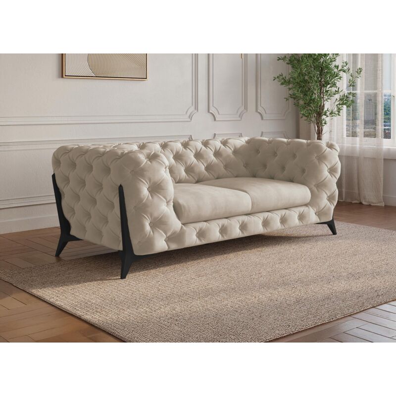 Deco In Paris – Canapé 2 places chesterfield capitonné en velours beige – Pieds en métal noir – Largeur 172 cm – Confort optimal et design moderne