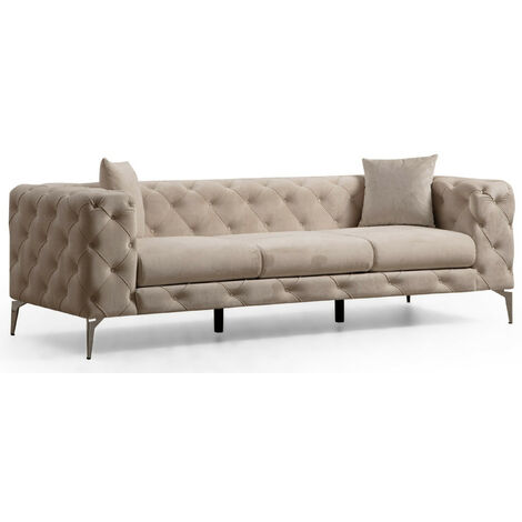 Canapé 2 places capitonné velours beige clair et pieds chromés Herakles 197cm