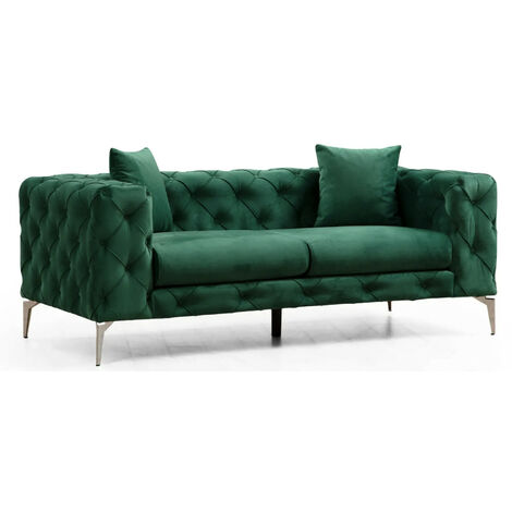 Canapé 2 places capitonné velours vert et pieds chromés Herakles 197cm