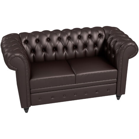 Canapé 2 Places Chesterfield avec Coussin Amovible, en Similicuir, Bois et Métal, 160x84x80 cm, Marron