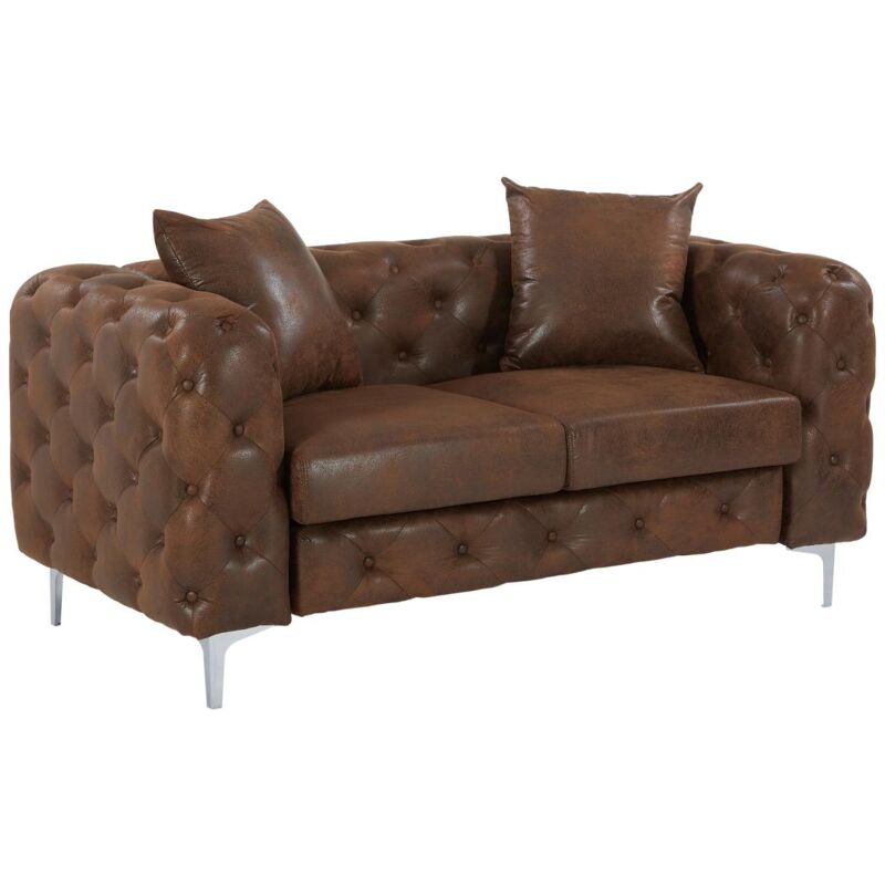 Canapé 2 places chesterfield en microfibre aspect cuir vieilli marron EDWINA