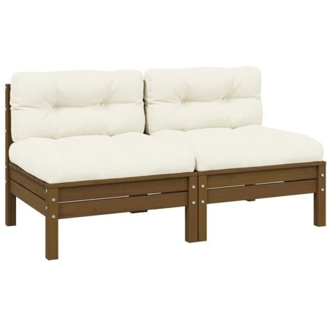 Canapé 2 places de jardin et coussins crème Bois de pin solide