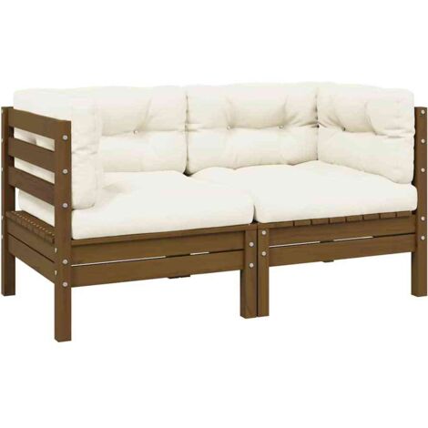 Canapé 2 places de jardin et coussins crème Bois de pin solide