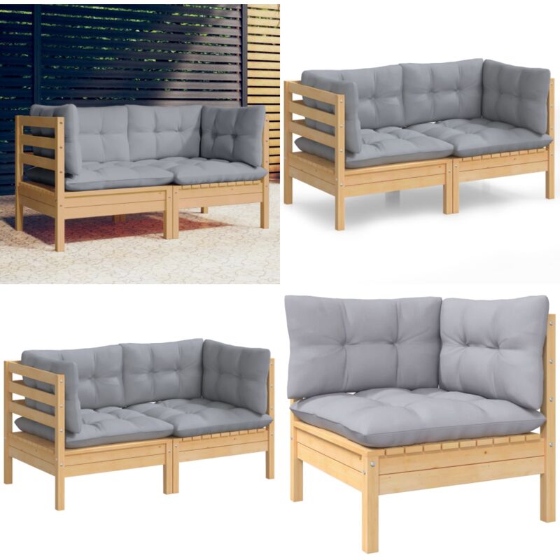 Canapé 2 places de jardin et coussins gris Bois de pin solide - Canapé De Jardin - Mobilier De Jardin - Canapé En Bois - Salon De Jardin - Ensemble